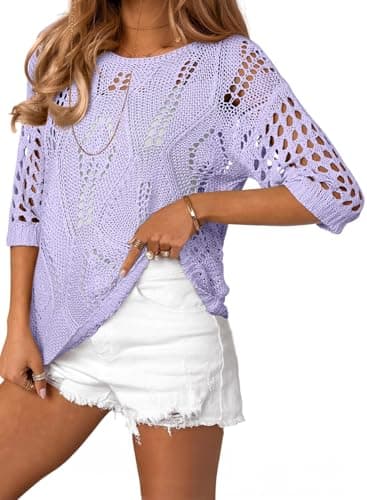 EVALESS Summer Sweaters for Women Spring Outfits Fashion 2025 Knitted Tops 3/4 Short Sleeve Sweater Off Shoulder Blouses Dressy Casual Resort Wear Holiday Purple Shirts, Large - Image 1
