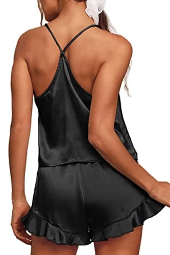 CHYRII Women's Sexy Ruffled Racerback Pajamas Sets Satin Silk Cami Shorts Sets Sleepwear Black S - Image 2