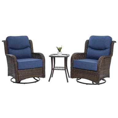 HILLGA Luxury Outdoor Swivel Rocker Patio Chairs of 2 with 6 Inch Thick Cushions and Side Table, Swivel Outdoor Chairs 3PCS High Back Wicker Patio Furniture Set for Porch, Balcony, Deck in Blue - Image 8