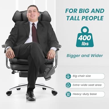 OLIXIS Executive Office Desk Chair, Ergonomic Big Tall High Back Computer Chair with Footrest & Lumbar Support, Reclining Adjustable, Comfy PU Leather Gaming Chair with Outward Fixed Armrests, Black - Image 3