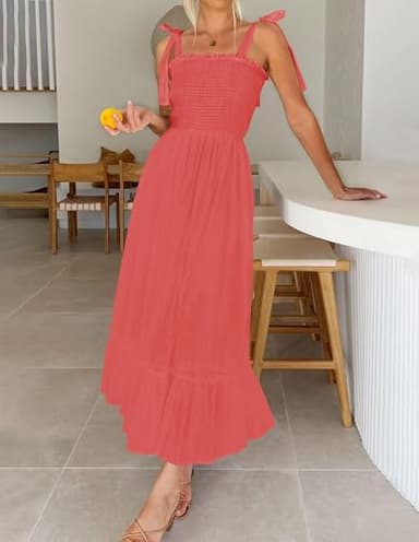 ZESICA Women's 2025 Summer Boho Spaghetti Strap Square Neck Solid Color Ruffle A Line Beach Long Maxi Dress,Watermelon,Large - Image 8