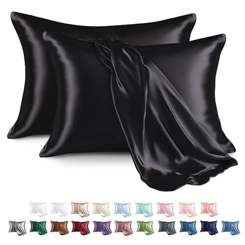MR&HM Satin Pillowcase for Hair and Skin, Silk Satin Pillowcase 2 Pack, Queen Size Pillow Cases Set of 2, Silky Pillow Cover with Envelope Closure (20x30, Black) - Image 1