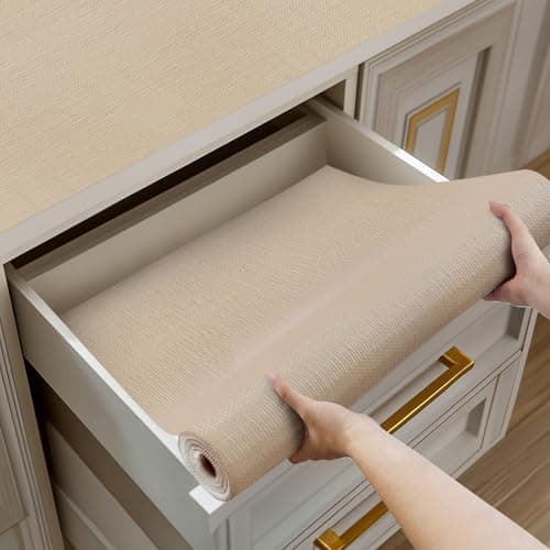 Shinlendid Shelf and Drawer Liner for Kitchen Cabinets Non-Adhesive, Strong Grip Non-Slip Thickened Cabinet Liners for Shelves, Waterproof Mats for Dresser Cupboard, Khaki, 23 in x 30 Feet - Image 1