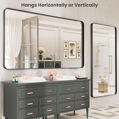 LOAAO Black Metal Framed Bathroom Mirror for Wall, Large 55X30 Inch Rounded Rectangle Mirror, Matte Black Bathroom Vanity Mirror Farmhouse, Anti-Rust, Tempered Glass, Hangs Horizontally or Vertically - Image 4