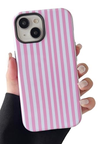 Longlayss Compatible with iPhone 13/14 Case Cute Aesthetic Striped Phone Case for Women Girl Shockproof Slim TPU and Hard PC Protective Cover (Pink) - Image 1