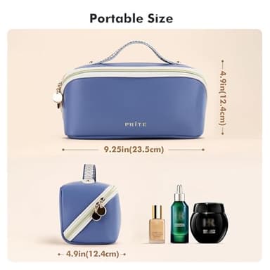 Prite Makeup Bag for Women Travel Waterproof Vegan Leather Cosmetic Bag Open Flat Toiletry Bag With Clear Divider and Handle (Blue) - Image 2
