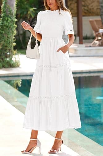 dowerme Summer Dresses for Women 2025 Casual Boho Hollow Out Short Sleeve Ruffle Mock Neck Smocked Maxi Gingham Sundress(White,Medium) - Image 4