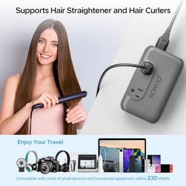 SOKOO 230-Watt Step Down 100-220V to 110V Voltage Converter, International Power Converter/Travel Adapter- Use for EU/UK/AU/US/India More Than 150 Countries, USB Quick Charger 3.0 Grey - Image 2