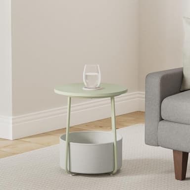 VASAGLE Small Round Side End Table, Modern Nightstand with Fabric Basket, Laurel Green and Cream White ULET223C69 - Image 2