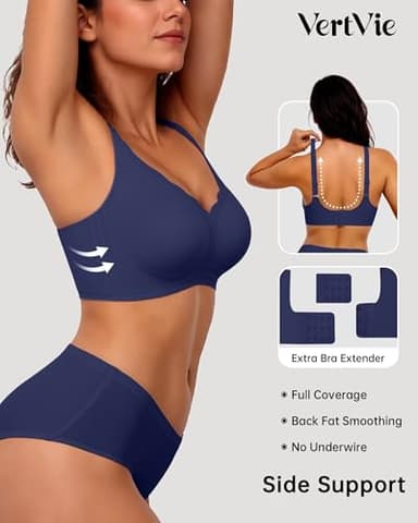 Vertvie Womens Seamless Bras No Underwire Supportive Wireless Push Up Full Coverage Bralette Comfort Scalloped T-Shirt Bra(Navy Blue,Medium) - Image 3