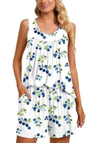 TAOHUADAO Womens Summer 2 Piece Pajama Sets, Sleeveless Tunic Tops with Shorts, Lounge Sleepwear Ladies Pjs Sets with Pockets XL, Blueberry-White - Image 2