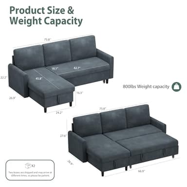 Shintenchi Sofa Couch, Pullout Sofa Bed,2 in 1 Pull Out Couch Bed with Storage Chaise for Living Room,Sleeper Sofa Couches Linen Sectional Sofa - Image 2