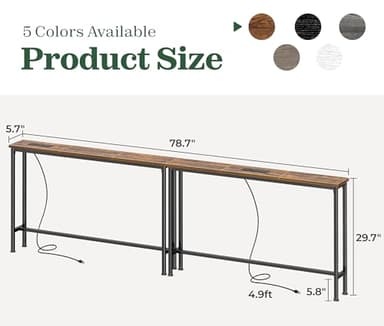 SUPERJARE 78.8 inch Narrow Console Table with Outlet, Sofa Table Set of 2, Behind Couch Table, Long Entryway Tables with Charging Station, for Living Room, Rustic Brown - Image 3