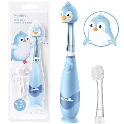 Papablic Toddler Sonic Electric Kids Toothbrush for Ages 1-3 Years, Baby Electric Toothbrush with Cute Penguin Cover and Smart LED Timer, 2 Brush Heads (Pippin) - Image 1