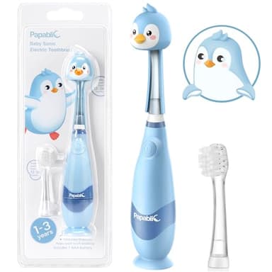 Papablic Toddler Sonic Electric Kids Toothbrush for Ages 1-3 Years, Baby Electric Toothbrush with Cute Penguin Cover and Smart LED Timer, 2 Brush Heads (Pippin) - Image 1