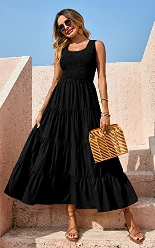 PRETTYGARDEN Women's Casual Loose Plain Maxi Sundress Smocked Tank Dress Sleeveless Summer Beach Tiered Long Dresses (Black,Small) - Image 5