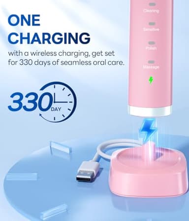 Bymore Electric Toothbrush for Adults,Travel SonicToothbrush with 8 Replacement Heads, Ultra Clean RechargeableToothbrush Portable Electric Toothbrush-Pink - Image 3