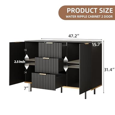 Buffets & Sideboards, Fluted Sideboard Cabinet, 2 Door 3 Drawer Design, Acceent Black Sideboard - Elegant Cabinet Ideal for Dining Room and Kitchen Storage 47.2 inch - Image 2