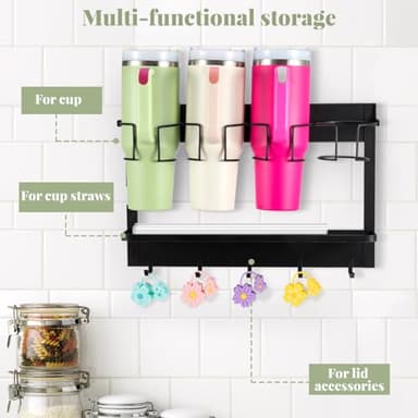 CINPIUK Water Bottle Organizer Holder, Magnetic Cup Rack Storage for Stanley & Large Tumbler, Space Saving Wall Mount Bottle Organizer with 5 Hook, Easy to Install, Black - Image 3