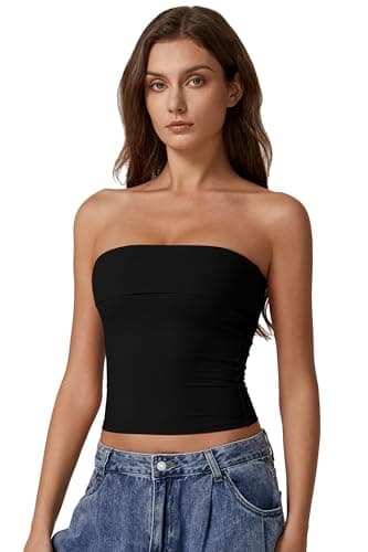QINSEN Tube Tops for Women Off Shoulder Strapless Crop Tops Foldover Going Out Bustier Tops Black M - Image 3
