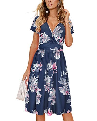 OUGES Women's 2025 Summer Short Sleeve V-Neck Pattern Knee Length Dress with Pockets(Floral05,XXL) - Image 1
