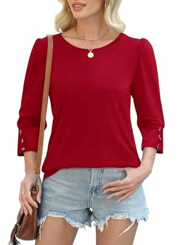 3/4 Length Sleeve Womens Tops Dressy Casual Blouses Christmas Valentine's Day Thanksgiving Shirts Plus Size Summer Clothes Flowy Solid Red 3XL - Image 3