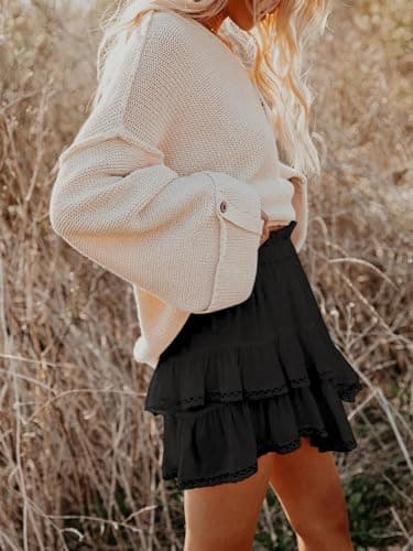 Aoudery Flowy Shorts for Women Casual Boho Ruffle Tiered Skorts High Waist Mini Skirts Golf Tennis Butterfly Crochet Shorts - Black S - Image 3