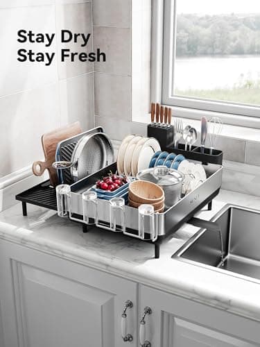 SUNLY Large Dish Drying Rack, Expandable Dish Racks for Kitchen Counter, Space Saving 304 Stainless Steel Drying Rack Kitchen, Extra Large Drainer with Multifunctional Flip Up Pegs, Black - Image 8