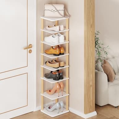 LUCKNOCK Vertical Shoe Rack, 8-Tier Tall Narrow Shoe Organizer for Entryway, Closet, Dorm & Small Spaces, Freestanding White Wooden Shoe Shelf Tower for Boots, Sneakers, Heels. - Image 1
