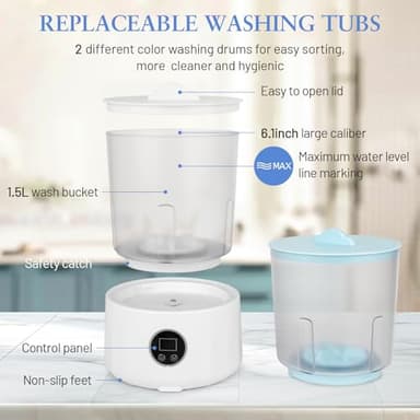 Underwear Washing Machine - Rechargeable Dual-Bucket Mini Washing Machine w/ 1.5L Isolated Tubs, Bionic Hand-Wash Tech for Travel, Camping, Dorm | 3 Modes, 3000mAh - Image 4