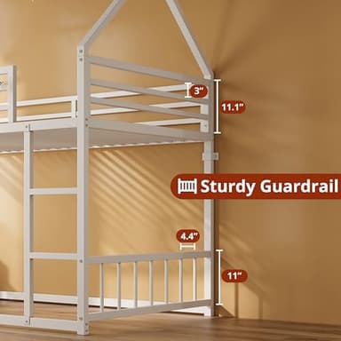 LIKIMIO Bunk Bed Twin Over Twin, House Bunk Bed Frame with Ladder and Guardrail, House Shaped with Metal Slats for Dormitory and Bedroom, Space Saving, No Box Spring Needed, White - Image 2
