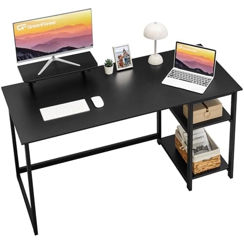 GreenForest Computer Home Office Desk with Monitor Stand and Reversible Storage Shelves,55 inch Modern Simple Writing Study PC Work Table,Black - Image 1
