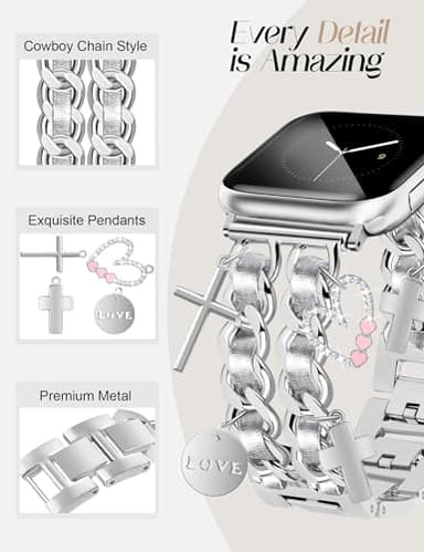Silver Watch Bands for Women Compatible with Apple Watch Band 38mm 40mm 41mm 42mm (S11/10) Adjustable Unique Charms Metal Strap Cowboy Chain Bracelet for iWatch Series 11/10/9/8/7/6/5/4/3/2/1/SE - Image 4