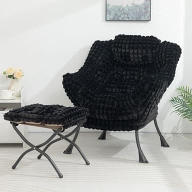 HollyHOME Lazy Chair with Foldable Ottoman, Accent Comfy Lounge Armchair and Folding Footrest Stool, Leisure Sofa Reading Chair and Footstool for Living Room, Bedroom, Dorm,Faux Fur Black - Image 7