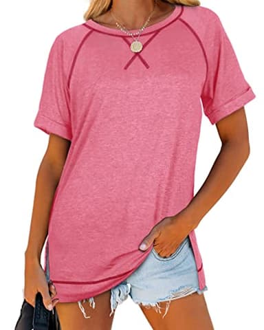 Aokosor Womens Tops Summer 2025 Fashion Short Sleeve Tee Shirts Spring Loose Beach Vacation Outfits Pink XL - Image 4