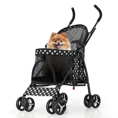 MoNiBloom 4 Wheels Pet Stroller, Easy-Fold Umbrella Shaped Dog Cat Jogger Stroller w/Storage Bag & Visible Mesh for Small/Medium Dogs Cats Black Polka Dots - Image 1