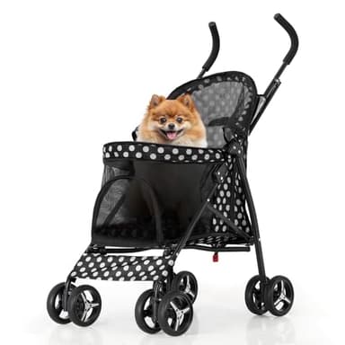MoNiBloom 4 Wheels Pet Stroller, Easy-Fold Umbrella Shaped Dog Cat Jogger Stroller w/Storage Bag & Visible Mesh for Small/Medium Dogs Cats Black Polka Dots - Image 1