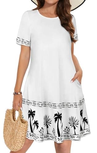 Sun Dresses for Women Casual Summer Pockets Short Sleeve Dress Scoop Neck Beach Cover Ups(White Tree, L) - Image 1