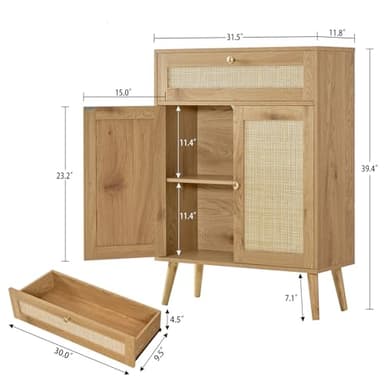 Iwell Storage Cabinet with Adjustable Shelf, Rattan Cabinet with Large Drawer, Sideboard Bufffet Cabinets, Bathroom Storage Cabinets, Accent Cabinets for Entryway, Natural - Image 3