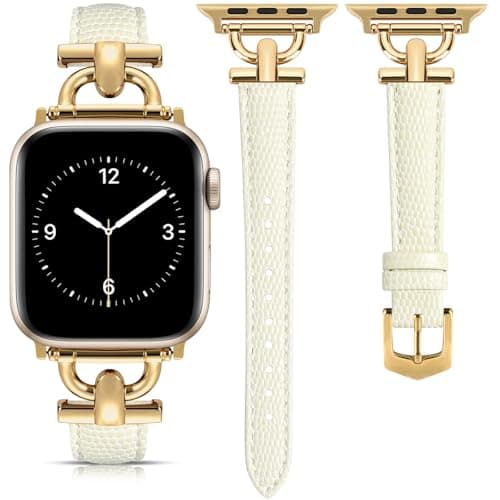 Leather Band Compatible with Apple Watch Bands for Women, Dressy Fancy Strap for iWatch Series 11/10/9/8/7/6/5/4/3/2/1/se(38mm 40mm 41mm 42mm,Milky White/Gold) - Image 1