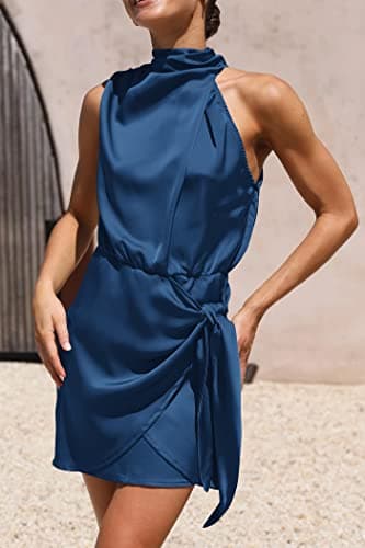 PRETTYGARDEN Women's Short Formal Satin Dress Summer Sleeveless Mock Neck Tie Waist Cocktail Party Dresses (Dark Blue,Small) - Image 4