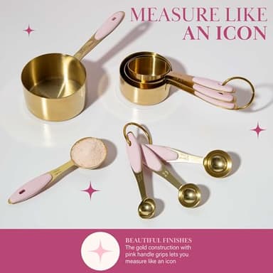 Paris Hilton Measuring Cups and Spoons Set, Stainless Steel with Pink Silicone Inset Handle, Dishwasher Safe, For Dry and Liquid Ingredients, 8-Piece Set, Gold and Pink - Image 4