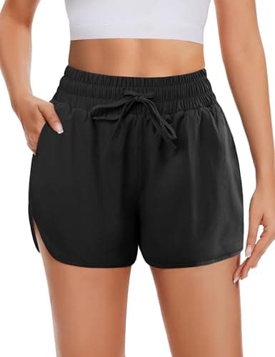 DDOBB High Waisted Running Shorts for Women with Pockets, 2.5" Black Athletic Workout Gym Yoga Spandex Dolphin Elastic Shorts Black Large - Image 1