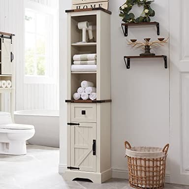 OKD Bathroom Storage Cabinet, Farmhouse Storage Cabinet with Adjustable Shelves & Drawer, Tall Linen Tower for Bathroom, Living Room, Rustic Oak with Antique White - Image 1
