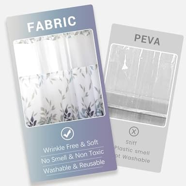 VIUOON No Hook Shower Curtain with Snap-in Fabric Liner Set, Double Layers Heavy Duty Fabric Large Leaf Pattern Bathroom Curtain with See Through Top, Hotel Grade, Machine Washable, 71Wx74L - Image 4