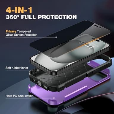Diaclara Designed for iPhone 15Case, [with Privacy Screen Protector] [Anti Spy] [Military Grade Drop Protection] Heavy Duty Full-Body Shockproof Phone Case, Purple - Image 2