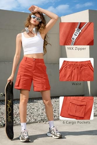 IVIR Bermuda Shorts for Women Long Cargo Outfits for Women Elastic Waisted Summer Shorts Coral Orange Large - Image 2