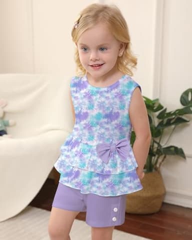 YUEMION Toddler Girl Clothes, 2Pcs Baby Girl Summer Outfits Sleeveless Bow Knot Tank Shirts Tops + Shorts Clothing Sets(Tie-dye pattern + Light purple, 2-3T) - Image 4