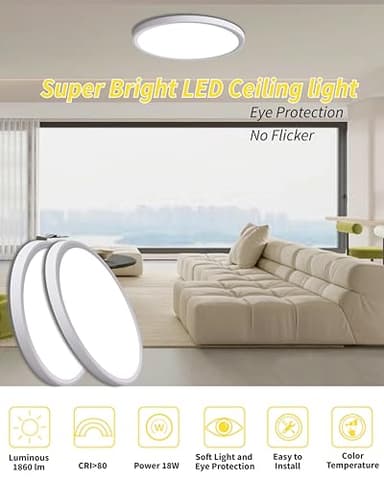 6pack 9 Inch Flush Mount Ceiling Light, 18w Led Ceiling Light, 3000k/4000k/6000k Selectable 1860lm Ceiling Light, Super Slim Led Light Fixture for Bedroom Kitchen Living Dining Room Office - Image 2