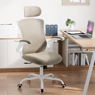 Ergonomic Office Chair with Adjustable Lumbar Support & Headrest, High Back Mesh Desk Chair with Flip-Up Armrests, Breathable & Comfortable Computer Chair for Home, Office & Study –Khaki - Image 7
